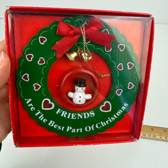 Vtg Friendship Quote Thin Wood Christmas Ornament w Bells Snowman Bow w Orig Box - Picture 1 of 10
